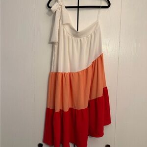Tiered Colorblock One-Shoulder Skirt - White, Peach & Red